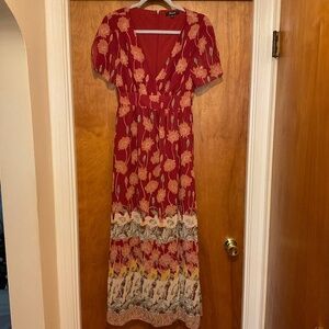 Madewell Flutter Sleeve Midi Dress Maroon Red Flower Wrap Front V Neck Sz 00